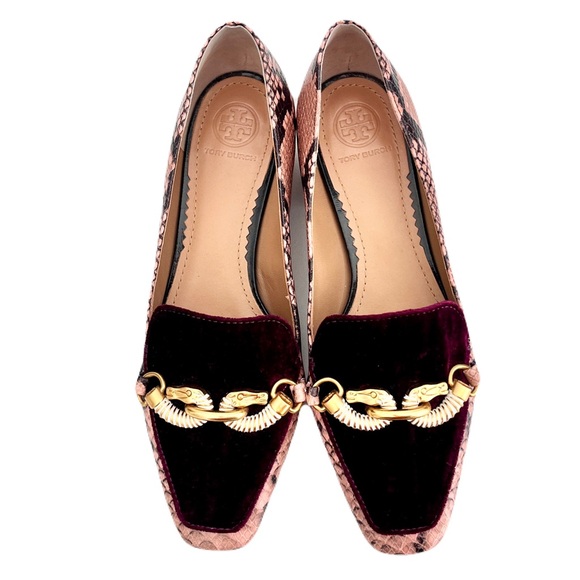Tory Burch ‘Jessa’ Burgundy Velvet and Pink Snakeskin Embossed Loafers, Size 6.5 - Picture 5 of 9